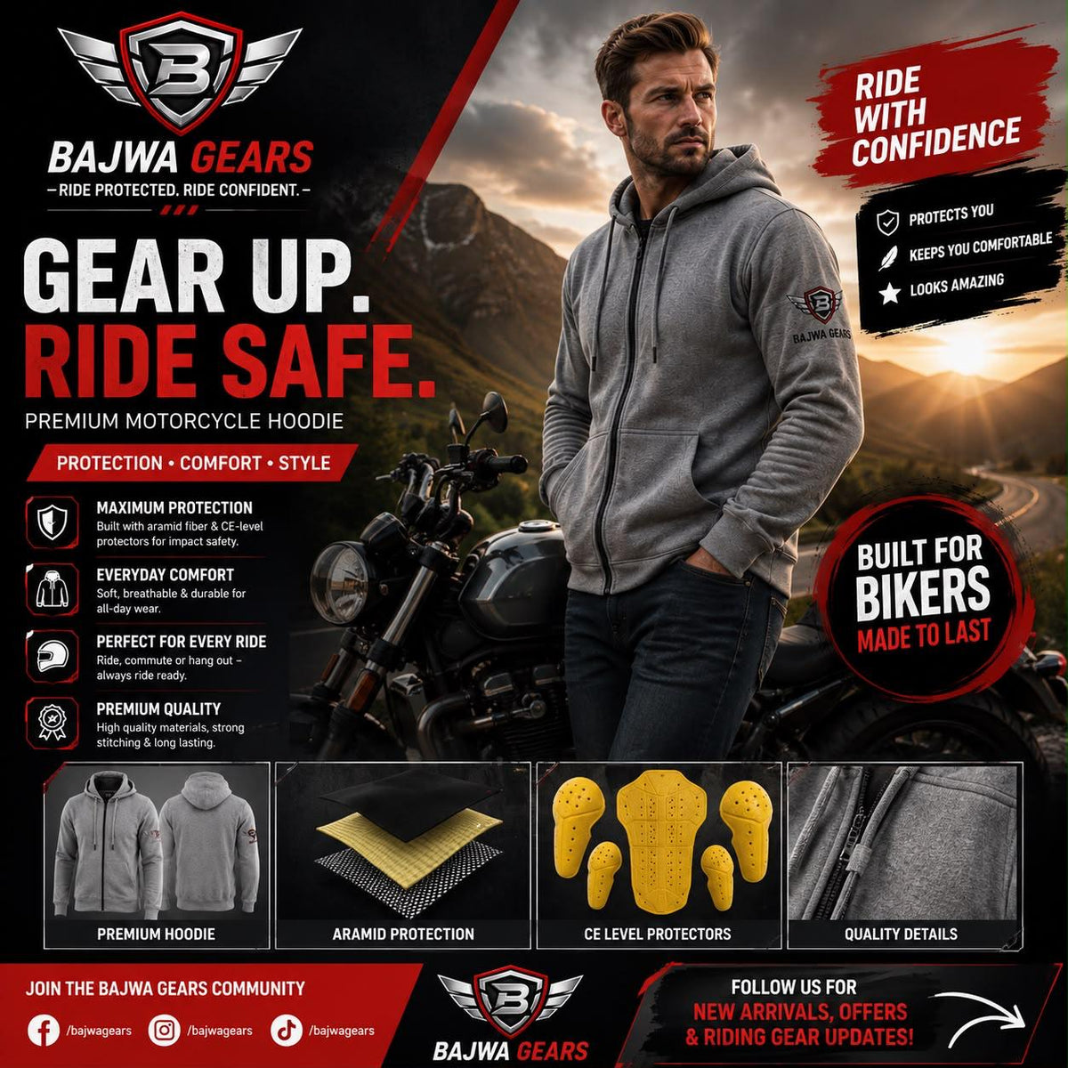 Armoured Motorcycle Riding Hoodie – Grey